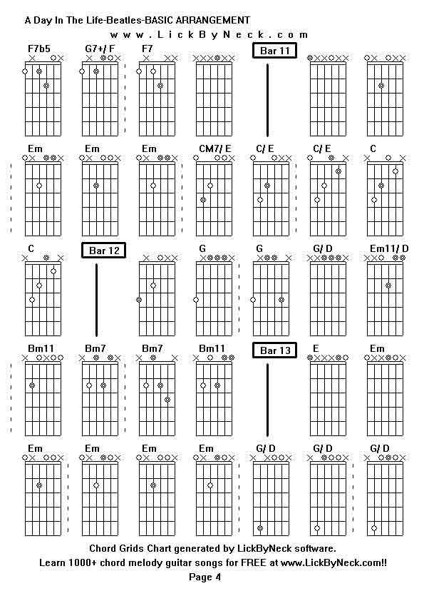 Chord Grids Chart of chord melody fingerstyle guitar song-A Day In The Life-Beatles-BASIC ARRANGEMENT,generated by LickByNeck software.